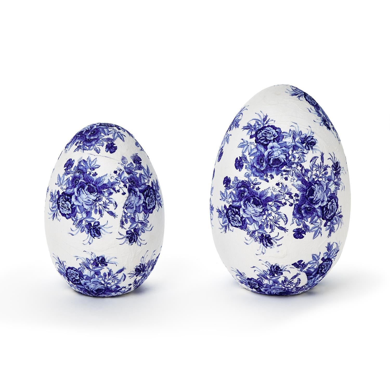 Blue and White Hand-Crafted Paper Mache Eggs