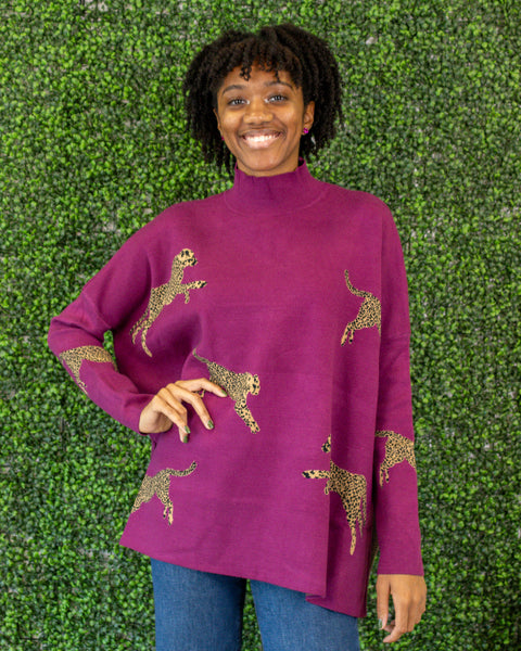 Leaping Leopards Sweater | Plum